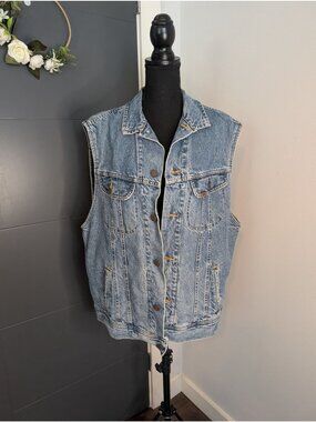 Vintage 90's Lee Denim Vest With Red Plaid Flannel Lining - Large